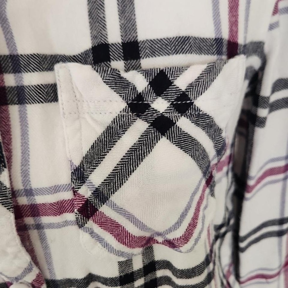 Beach lunch lounge Women's Purple & Black Wht plaid rayon "Flannel" blouse. M - Picture 4 of 9
